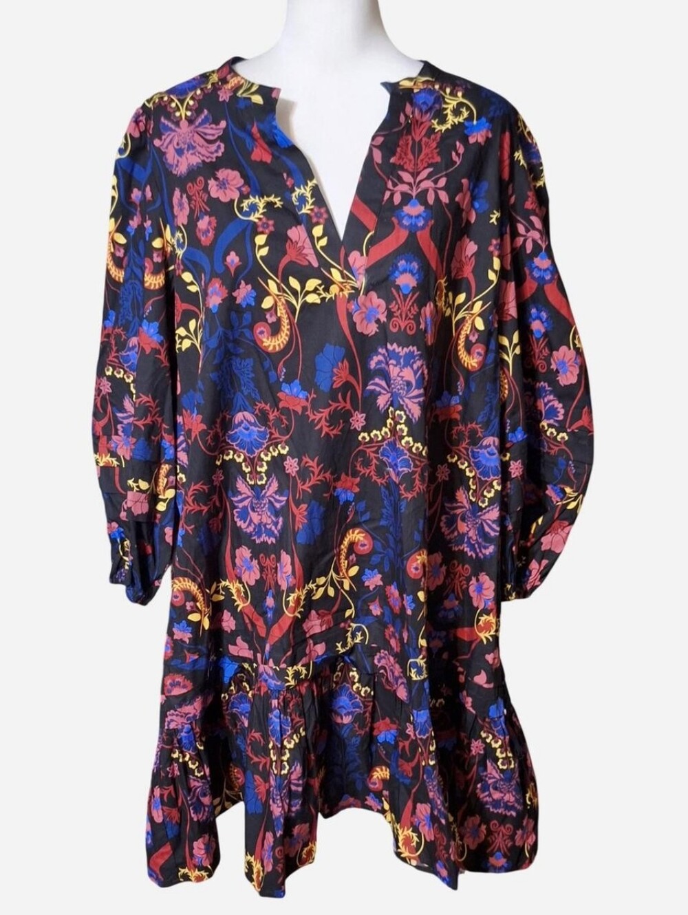 Sugar Lips L Knee Dress Dark Floral Boho Fall Balloon Sleeve Vneck Cotton